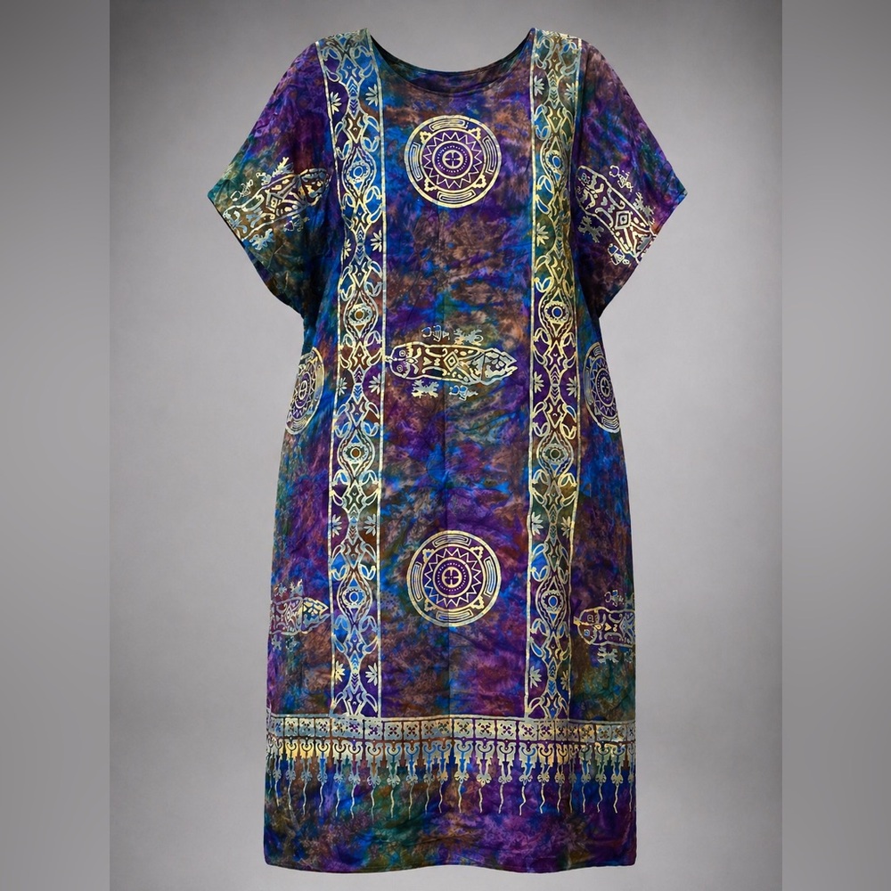 Vintage Batik Kaftan Dress Purple Blue Tribal Boho Tunic Loose Fit OS Handmade